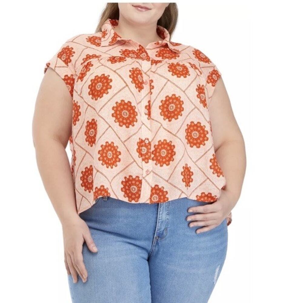 True Craft Shirt Womens 1XL Orange Floral Peasant Boho Button Up‎